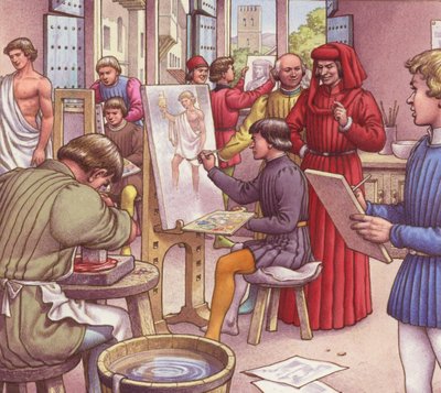 ロレンツォ・デ・メディチが芸術家学校を訪れる（紙にグワッシュ） 作： パット (1907-95) ニコル