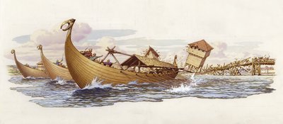 ロンドン橋の支柱を引き倒すノルウェーのオラフ（紙にグワッシュ） 作： Pat (1907-95) Nicolle