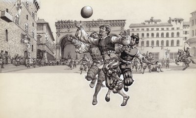 フィレンツェでサッカーをする（紙にグワッシュ） 作： Pat (1907-95) Nicolle
