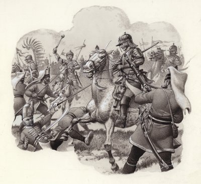 1683年、ウィーンでトルコのヤニサリー連隊と戦うポーランド騎兵隊（紙にグワッシュ） 作： Pat (1907-95) Nicolle