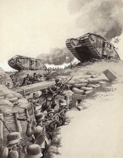 大戦中、ドイツ軍の塹壕の上を転がる戦車（紙にグワッシュ） 作： Pat (1907-95) Nicolle