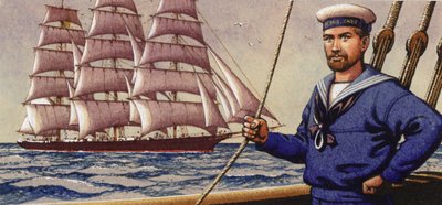 恰幅の良い水兵と帆船（紙にグワッシュ） 作： Pat (1907-95) Nicolle