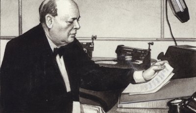 戦時中の有名なラジオ放送を行うウィンストン・チャーチル（紙にガッシュ） 作： Pat (1907-95) Nicolle
