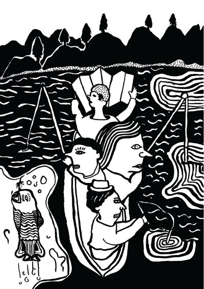 魚を捕まえる、2014年（墨と筆） 作： Pat Macdonald