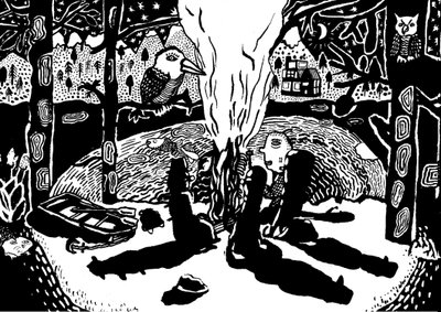 森の中の火, 2014 (インクとブラシ) 作： Pat Macdonald