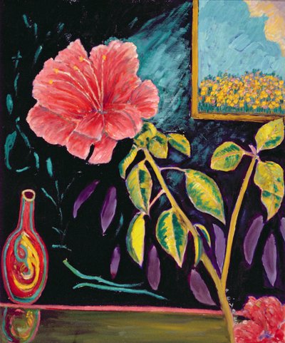 花瓶付きハイビスカス（リネンの油） 作： Patricia Contemporary Artist Eyre