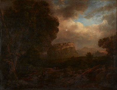 前景に旅行者がいるエジンバラの遠景（キャンバスに油彩） 作： Patrick (attr.to) Nasmyth