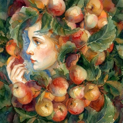 穏やかな表情のリンゴ収穫の女性 作： 