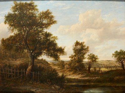 樹木が茂った小道の人物像（パネルに油彩） 作： Patrick Nasmyth