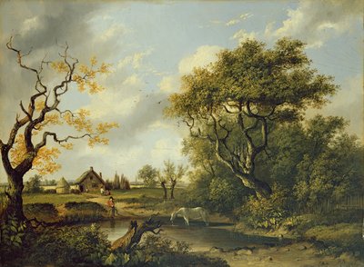 池で水を飲む馬（油彩・パネル 作： Patrick Nasmyth