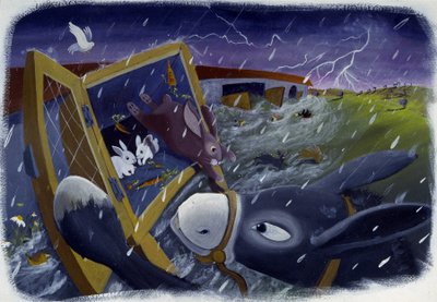 大洪水時の動物たちとノエの箱舟、パトリツィア・ラ・ポルタによるイラスト。 作： Patrizia La Porta