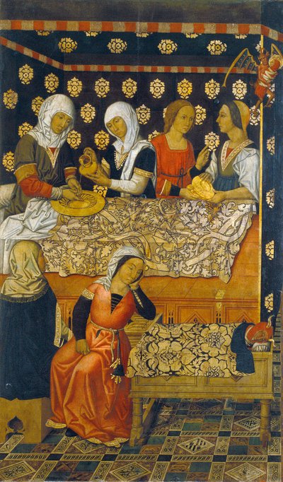聖シュテファンの誕生 - 聖シュテファンの誕生 - ヴェルゴス家 (15 世紀後半に活躍) の絵画 - c. 1495 - パネルにテンペラ - 200x123,2 - カタルーニャ国立美術館、バルセロナ 作： Pau Vergos