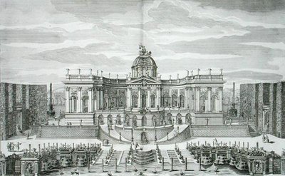 ヨハン・アウグスト・コルヴィヌス(1683-1738)が彫ったベルリンの王宮と庭園の大石窟と噴水の庭、1711-16年頃に出版された(彫刻) 作： Paul Decker