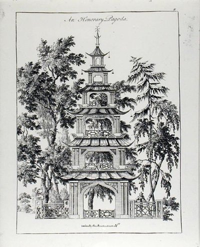 1759年に出版された『中国の建築、土木および装飾』に掲載されている名誉パゴダ（エングレーヴィング）（モノクロ写真） 作： Paul Decker