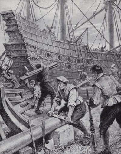 1588年のスペイン艦隊との戦いで旗艦となったイギリスのガレオン船「アーク・ロイヤル」の建造（リトグラフ 作： Paul (after) Hardy