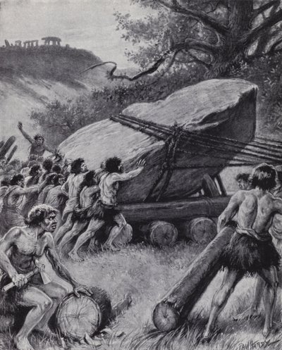 旧石器時代の人々が巨大な岩盤を車輪で移動させている様子（リトグラフ 作： Paul (after) Hardy