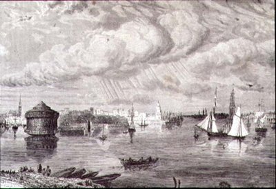 1860年代のニューヨーク・ハーバー(エングレービング) 作： Paul (after) Huet