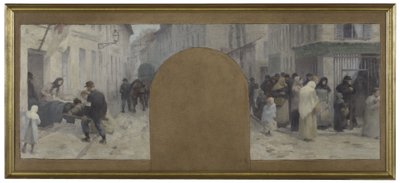 パリ市庁舎、大統領府のためのスケッチ：負傷者を救急車に運ぶ様子。1870年、パリ包囲戦中の商店前の行列 作： Paul Albert Baudouin