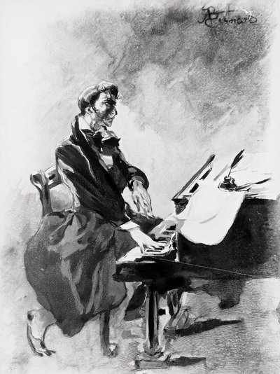 ピアノを弾く作曲家・ピアニストのフレデリック・ショパン（Albert Besnard（1849-1934）作）、水彩画 作： Paul Albert Besnard