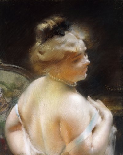 真珠のネックレスを持つ女性。真珠のネックレスを持つ女性、 作： Paul Albert Besnard