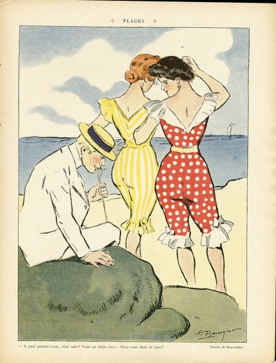 Le Rire誌に掲載されたPaul Balluriau (1860-1917)のイラスト、01/08/08 - ビーチ - レジャー、恋愛、ファッション、マリンスポーツ、海辺、スイムウェア 作： Paul Balluriau