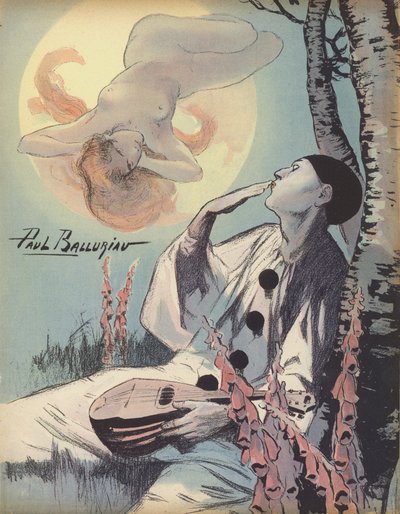 裸の女性の幻影に向かってキスをするピエロ（カラーリトグラフ 作： Paul Balluriau
