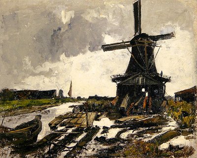 オランダ《木挽き風車のある運河の風景》1885年頃（油彩・キャンバス） 作： Paul Baum