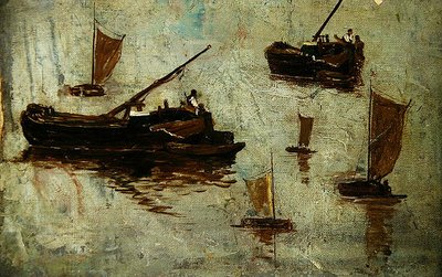 水上の2隻のはしけと4隻の小さな帆船（油彩・キャンバス） 作： Paul Baum