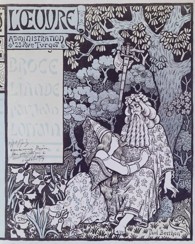 ブロセリアンドの森の魔法使いマーリンと妖精ヴィヴィアン（ジャン・ロラン（1855-1906）の戯曲「ブロセリアンド」より） c.1900 （木版画 作： Paul Berthon