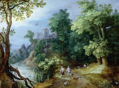 スポーツマンと犬のいる風景」（銅に油彩 作： Paul Bril