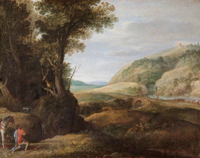 「セント ヒューバートと鹿のいる風景」、16 世紀後半または 17 世紀前半 作： Paul Bril