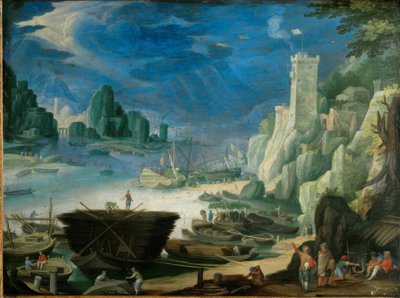 灯台のある夜行性の港の風景 作： Paul Bril