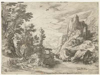 岩の上の都市とカンパニアの川の風景 作： Paul Bril