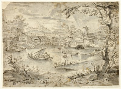 フォア グラウンドで漁船と都市のビュー 作： Paul Bril