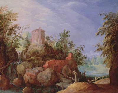 滝と橋のある幻想的な風景 作： Paul Bril