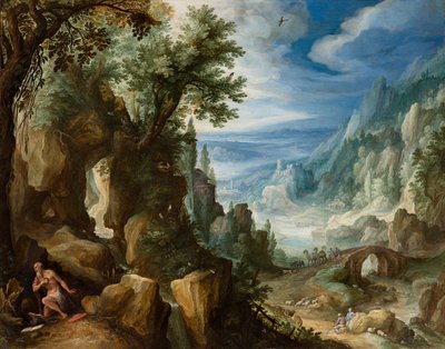 聖ジェロームの山岳風景、1592年（パネル上の銅に油彩） 作： Paul Bril