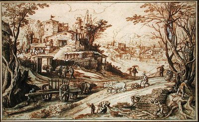 田園風景（紙にペンとインクのウォッシュ） 作： Paul Brill or Bril