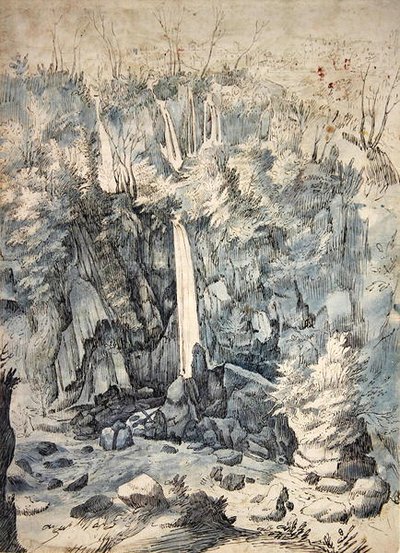 チボリの近くの滝（ペンと黒にウォッシュを入れたもの） 作： Paul Brill or Bril