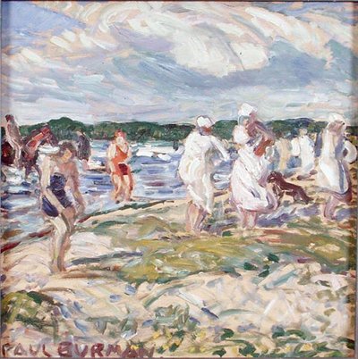 ペルグランドの浜辺の海水浴客（油彩・合板） 作： Paul Burman