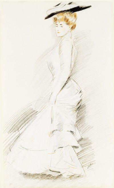 白いドレスを着たエレガントな女性、 作： Paul Cesar Helleu