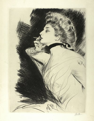 座ってタバコを吸う女性の半身像、左向き 作： Paul Cesar Helleu