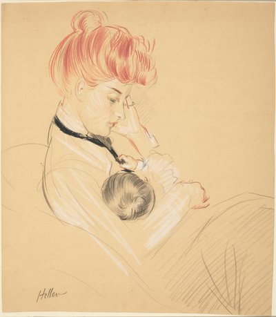 ポーレットを腕に抱きしめるヘリュー夫人 作： Paul Cesar Helleu