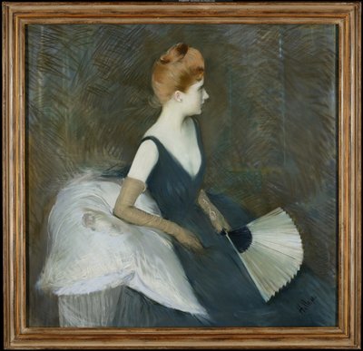 ソファに座ってファンを抱えるマダムマルテレトリエ、1895年頃（キャンバスにパステルカラー） 作： Paul Cesar Helleu