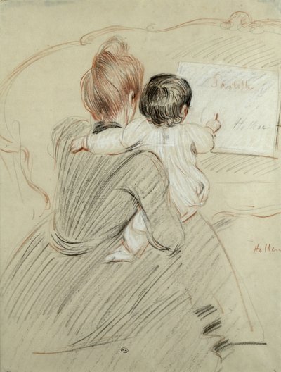 マダムポールヘルルーと彼女の娘ポーレット、1905年（紙に色鉛筆） 作： Paul Cesar Helleu
