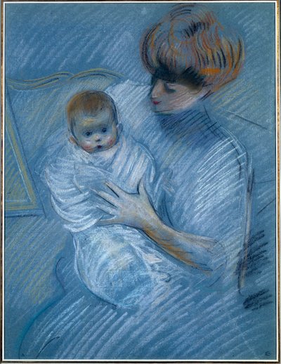 マタニティ。ポール・ヘレウ（1859-1927）のドローイング、20世紀。子供を連れた母親の肖像。バイヨンヌ、ボナ美術館 作： Paul Cesar Helleu