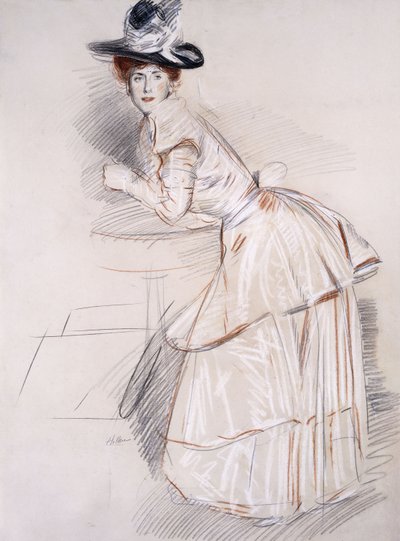テーブルに寄りかかってマダムヘリューの肖像 作： Paul Cesar Helleu
