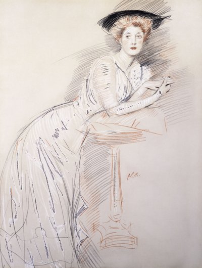 テーブルに寄りかかってミステイラーの肖像画、 作： Paul Cesar Helleu