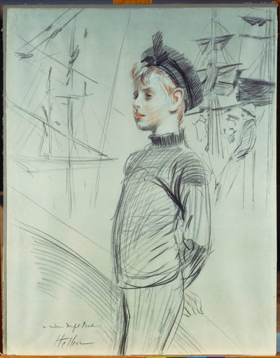 船を背景にしたセーラーハットとタートルネックの少年の肖像画 作： Paul Cesar Helleu