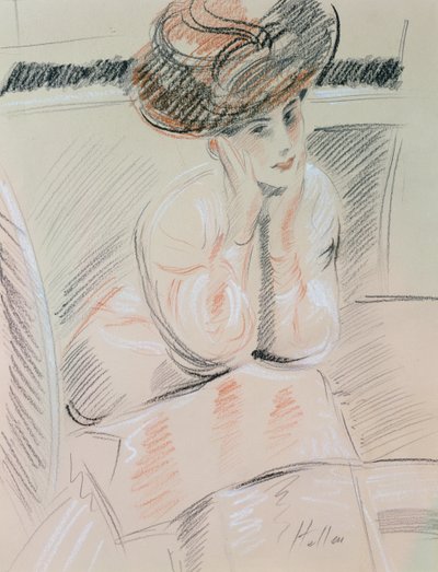 女性の肖像画（バフ紙に黒、白、赤チョーク） 作： Paul Cesar Helleu