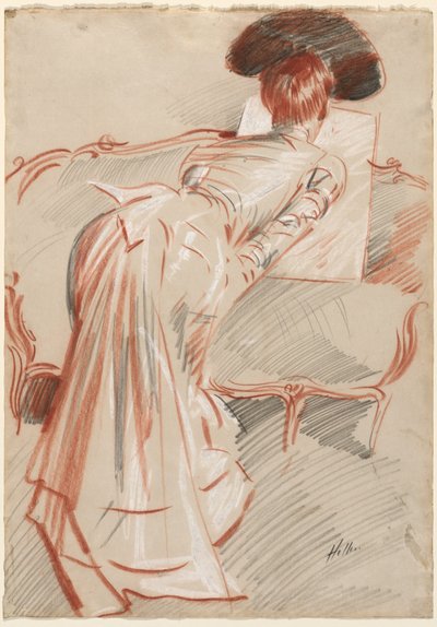 デッサンを見る女性（マダム・アリス・ヘルの可能性）1895年頃（黒、赤、白のチョーク画） 作： Paul Cesar Helleu